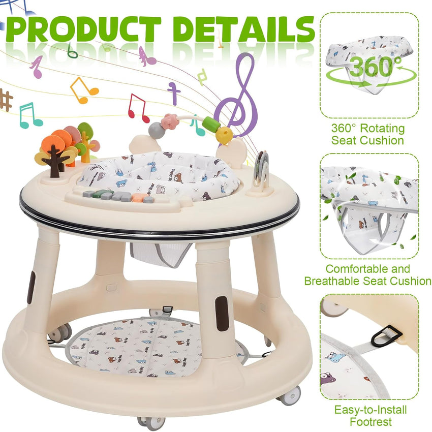 Baby Walker Height Adjustable with Music & Light,Kids Activity Walker Sit and Stand with 360Â° Quiet Wheels,Swivel Seat,Foot Pad and Game Play Center,Gift for Girls Boys Toddler,White