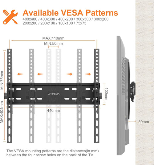 GRIFEMA GB1004-2 TV Wall Bracket for 26-65 inch, up to 50kg, Tilt TV Wall Mount with Spirit Level, Max VESA 400x400mm, Flat and Slim