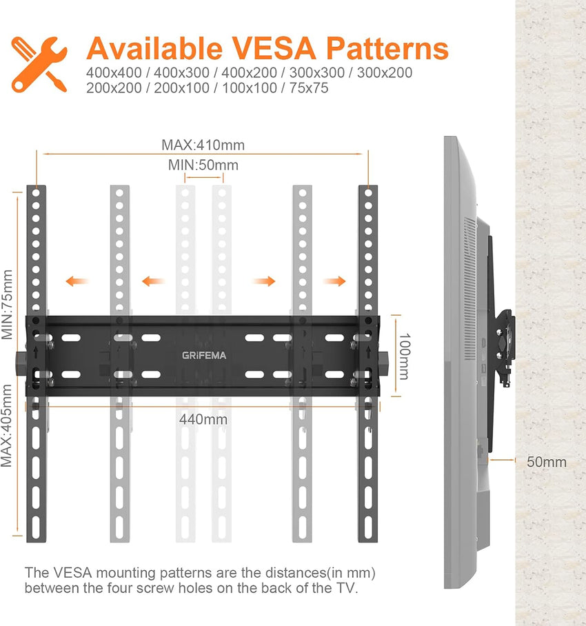 GRIFEMA GB1004-2 TV Wall Bracket for 26-65 inch, up to 50kg, Tilt TV Wall Mount with Spirit Level, Max VESA 400x400mm, Flat and Slim