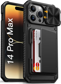 Vihibii for iPhone 14 Pro Max Case with Card Holder (4 Cards) [RFID Blocking] & Slide Camera Cover, Military Grade Drop Protection, Rugged Hard Back & Silicone Edge Wallet Phone Case, 6.7" 2022, Black