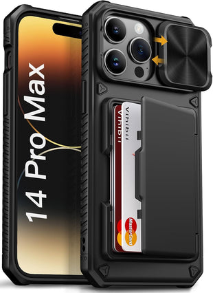 Vihibii for iPhone 14 Pro Max Case with Card Holder (4 Cards) [RFID Blocking] & Slide Camera Cover, Military Grade Drop Protection, Rugged Hard Back & Silicone Edge Wallet Phone Case, 6.7" 2022, Black