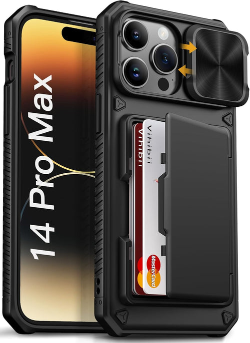 Vihibii for iPhone 14 Pro Max Case with Card Holder (4 Cards) [RFID Blocking] & Slide Camera Cover, Military Grade Drop Protection, Rugged Hard Back & Silicone Edge Wallet Phone Case, 6.7" 2022, Black