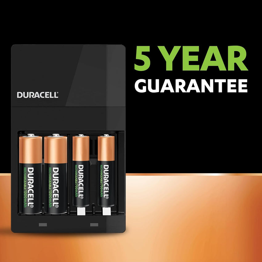 DURACELL Hi-Speed Battery Charger, 4 hours, Compatible with AA and AAA NiMh Batteries, 2x AA 1300mAh and 2x AAA 750 mAh, Rechargeable Batteries Included