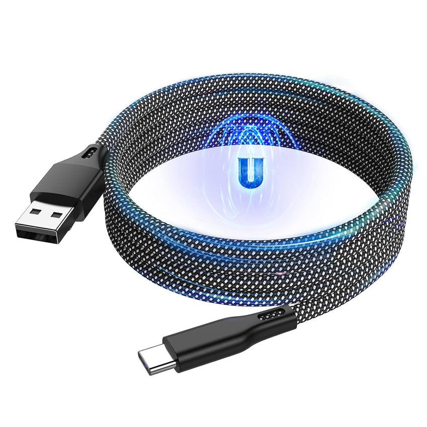 Magnetic USB-A to USB-C Cable 1m 3A Braided Coiled Fast-Charge Data Cord â Black