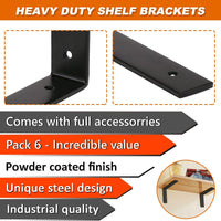 MLOQI 6 Pack Heavy Duty Shelf Brackets, 5mm Thick Scaffold Board L Wall Brackets for Shelves, Black Industrial Shelves Support (10"x6"/25cm x 15cm)