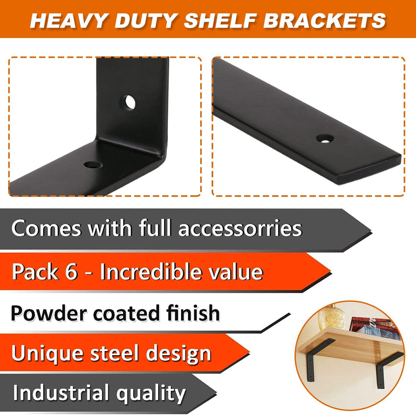 MLOQI 6 Pack Heavy Duty Shelf Brackets, 5mm Thick Scaffold Board L Wall Brackets for Shelves, Black Industrial Shelves Support (10"x6"/25cm x 15cm)