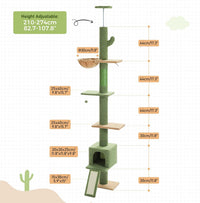 PAWZ Road Cat Tree READ DESC Floor to Ceiling with Height Adjustable 216cm to 273cm, Cactus Cat Tower with Spacious Activity Space, Hammock and Cat Condo, Anti-Fall Belt, 5 Tiers Green