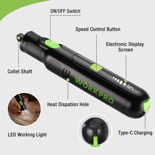 WORKPRO Cordless Rotary Tool, 7.2V Rechargeable Rotary Tool Kit with 117 Accessories, 6 Gear Speed 30000RPM, Type-C Charging Power Tool for Engraving, Cutting, Sanding, Polishing and DIY Crafts