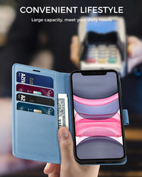 AIMOYU for iPhone 11 Case, Flip Wallet Leather Phone Case with [4 Card Slots] [Kickstand] [RFID Blocking] Magnetic Protective Shockproof Cover for iPhone 11 Phone Case - Sky Blue