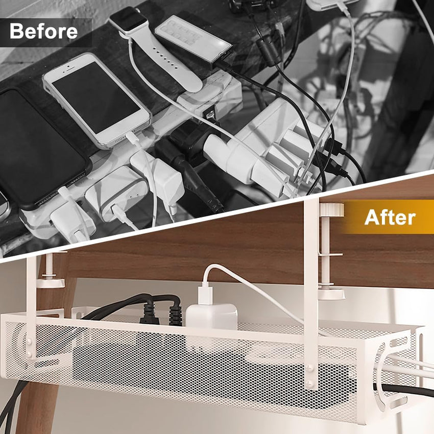Rppiup Under Desk Cable Management Tray, No Drill Steel Cable Management Under Desk tray, Hollow Sturdy Metal Mesh Table Wire Organiser No Damage to Table, for Office Home Kitchens