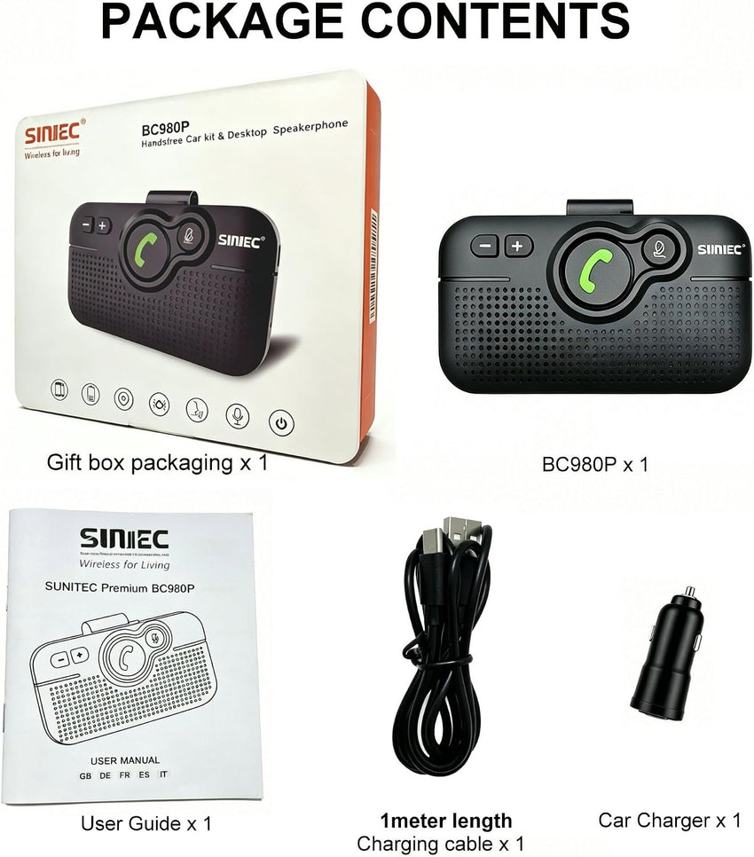 SUNITEC Hands Free Car Phone Kit Bluetooth 5.1, AUTO Power ON, Support Siri Assistant, Voice Guidance, 3W Speaker, Bluetooth Car Phone Hands Free Kit with Visor Clip-BC980P