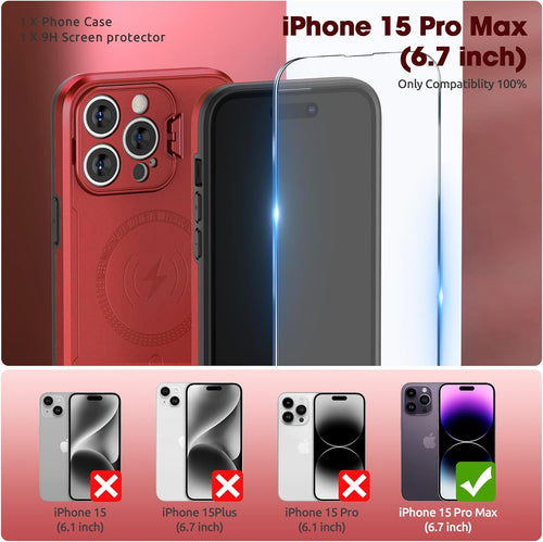 abitku Magnetic Case for iPhone 15 Pro Max, with Camera Protector Kickstand Cover (Compatible with MagSafe & Car Holder), with Screen Protection Shockproof Phone Case for Men Women (Red)