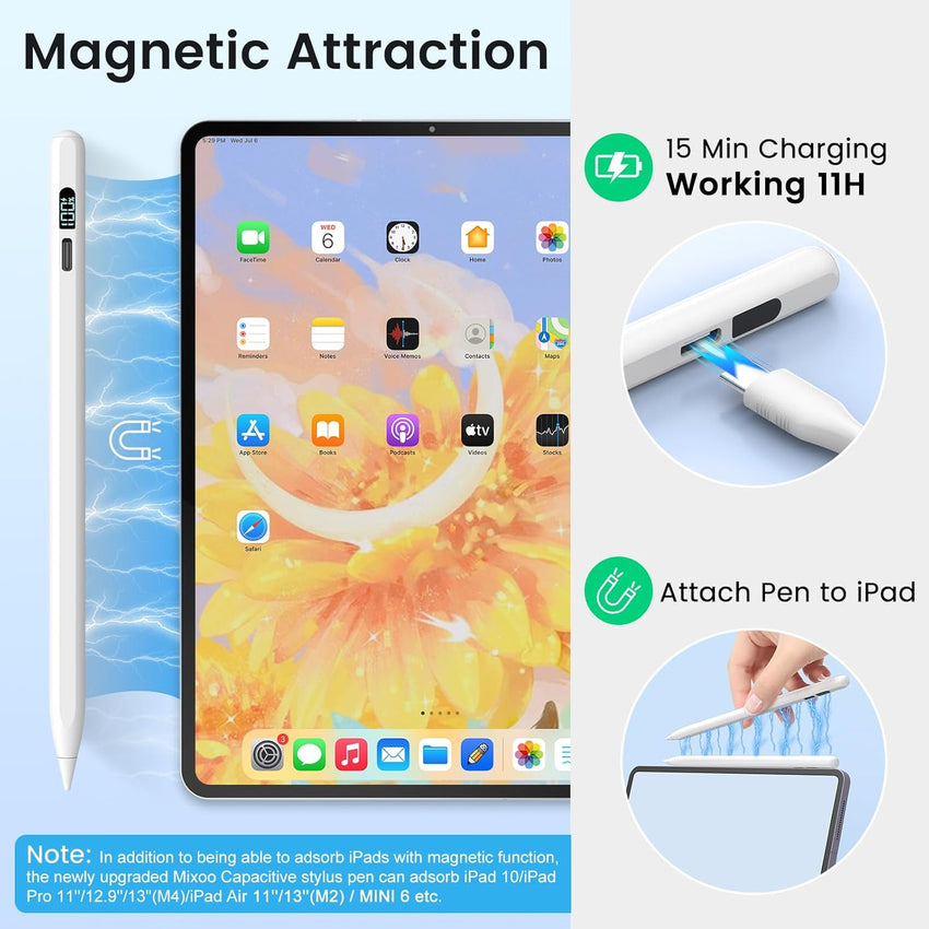 Stylus Pen for Ipad,Ipad Pencil for 2018-2024- Ipad Pen 3X Faster Charge/Work 11H with Palm Rejection/Tilt Sensitivity for iPad Pro 11/12.9/13'', iPad 6-10,iPad Air 11/13'',3-5,iPad Mini 5/6 (white)