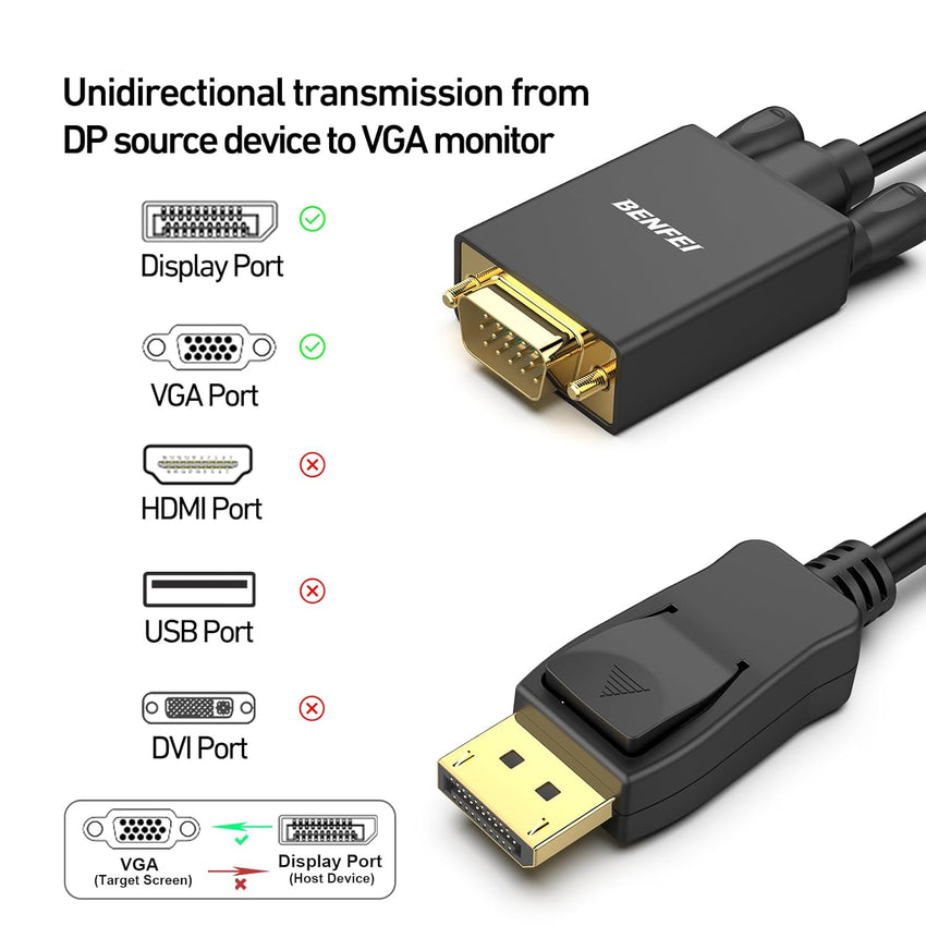 BENFEI DisplayPort to VGA Cable, 1.8M Display Port of Computer/Laptop to VGA of Monitor/Projector Gold-Plated Adapter (Not Bidirectional,Not Compatible with HDMI or USB)