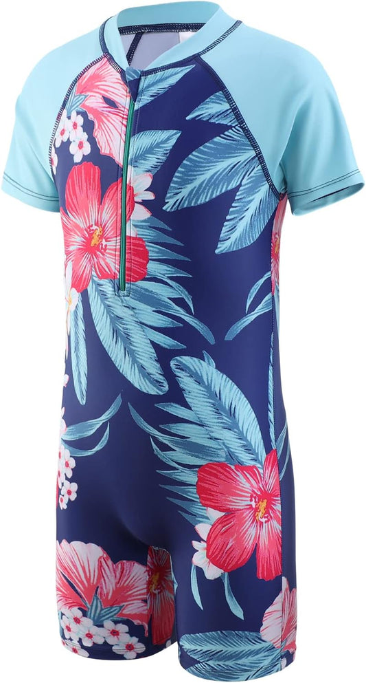 Aisyee Swimming Costume Girls One Piece Bathing Suit Kids Short Sleeve Swimsuit Girls Swimming Suit Age 15-16 Years