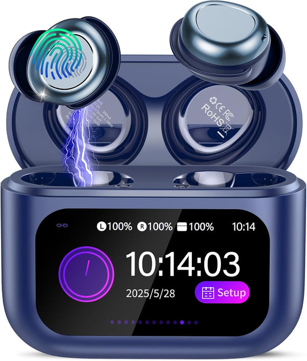 Bluetooth 5.4 Sleep Earbuds with Screen ENC Noise Cancelling Mic 5 EQ Modes HiFi Blue