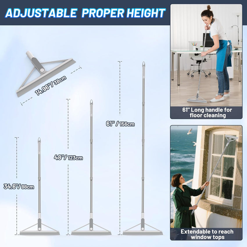 KOLLIEE Squeegee Broom Rubber Floor Squeegee with Long Handle Adjustable 61" Professional Squeegee Mop for Wet Room Floor Tile Garage Deck Bathroom Window Floor Wiper