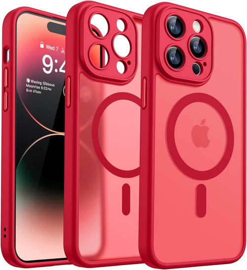 CANSHN Magnetic Compatible with iPhone 14 Pro Case(6.1 Inch), Upgraded [Full Camera Protection] [Compatible with Magsafe] [Translucent Matte] Shockproof Protective Phone Case Cover - Red
