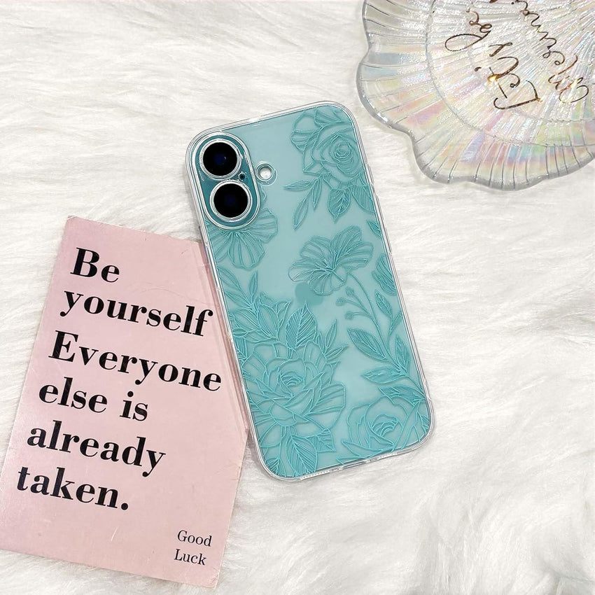 NITITOP Compatible with iPhone 16 Plus Case Cute Clear Green Flower Floral Line Design for Women Girls Transparent Full Camera Slim Soft TPU Shockproof Protective Phone Cover - Green