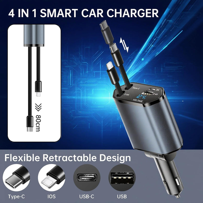 Retractable Car Charger Adapter 4 in 1 Phone Charger Fast Charge with 2 Retractable Cables With USB/USB-C Ports Compatible with iPhone, Android, Samsung Galaxy