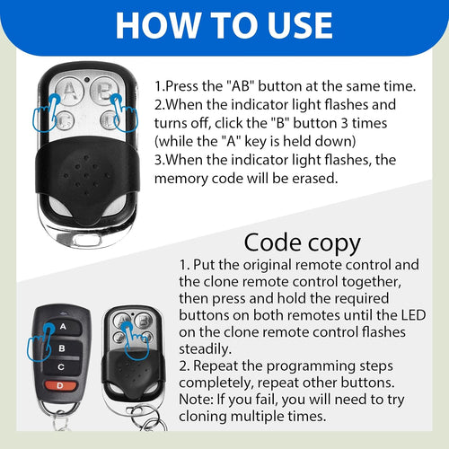 5Pcs 433.92 MHz Universal Garage Door Remote Control,Gate Opener Cloning Wireless Key Fob with 4 Buttons Duplicate Remote Control Key Fob for Garage Doors,Roller Shutters,Electric Gates,Car Alarms