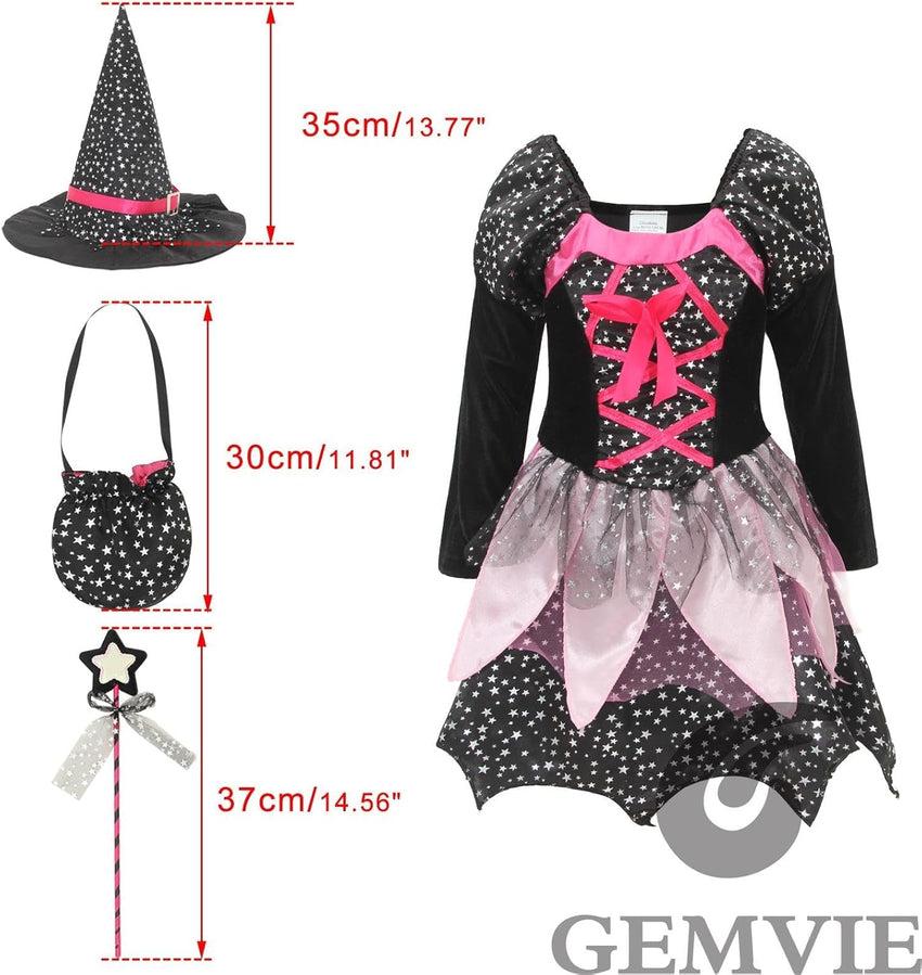 GEMVIE Halloween Witch Costume for Kids â Dress, Hat, Wand, Candy Bag