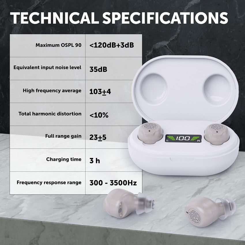 Rechargeable In-Ear Sound Amplifiers (Pair) Touch Control Noise Reduction LED Charging Case Beige