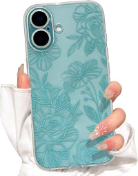 NITITOP Compatible with iPhone 16 Plus Case Cute Clear Green Flower Floral Line Design for Women Girls Transparent Full Camera Slim Soft TPU Shockproof Protective Phone Cover - Green