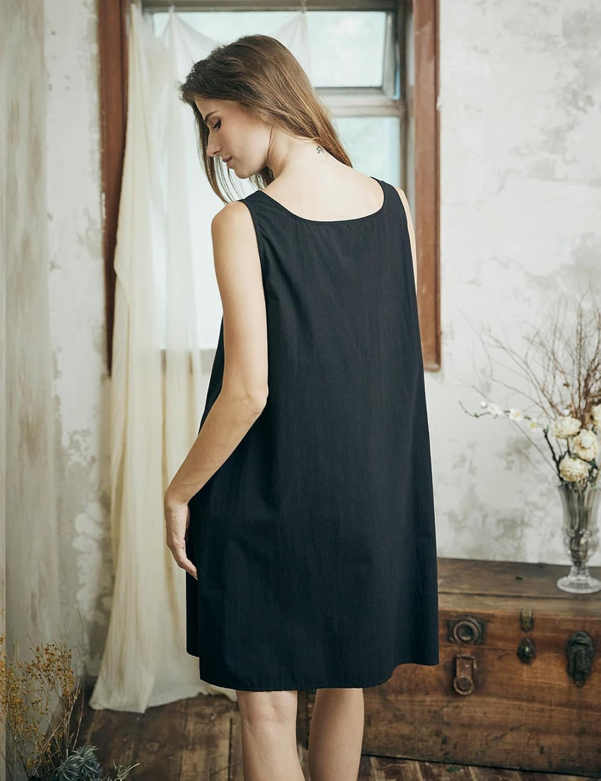 Women's Cotton Full Slip Wide Strap Tank Chemise 100% Washed Cotton Black M
