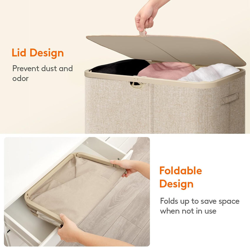 Laundry Basket 165L with Lid 3 Compartments Divider Beige