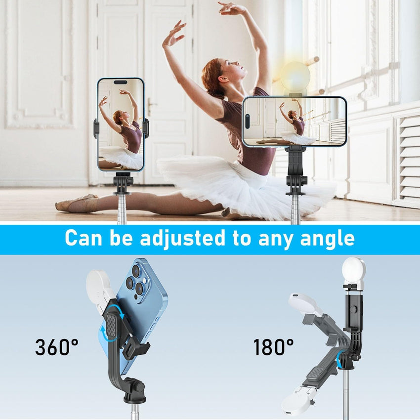 POWOMAO Selfie Stick Tripod with Fill Light,125cm Portable Telescopic Selfie Stick with Detachable Remote Control and Stable Tripod for iPhone/Samsung/Huawei/Smartphones