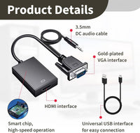 VGA to HDMI Adapter with Audio, 1080P HDMI Female to VGA Male Converter Cable - 0.5m, USB Powered for Laptop, HDTV, Monitor - Includes USB & Audio Cable, Intelligent Charging, Universal Compatibility