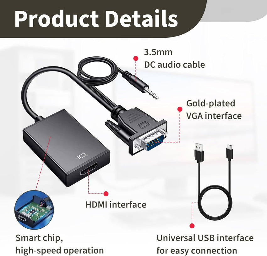 VGA to HDMI Adapter with Audio, 1080P HDMI Female to VGA Male Converter Cable - 0.5m, USB Powered for Laptop, HDTV, Monitor - Includes USB & Audio Cable, Intelligent Charging, Universal Compatibility