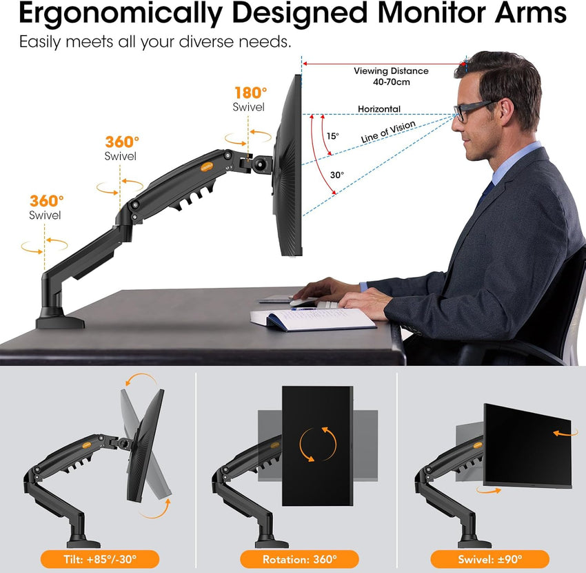 KOORUI Single Monitor Arm Desk Mount for 17-32 inch Screen, Vertical, Swivel, Adjustable Gas Spring Monitor Stand with C-clamp/Grommet Mounting Base, VESA 75/100mm,Increased Load Capacity from 2-9kg.