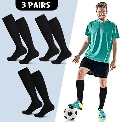 FRIUSATE 3 Pairs Football Socks for Men, Black Soccer Socks Long Sports Socks for Adult Rugby Hockey Running Gym Workouts (38-44)