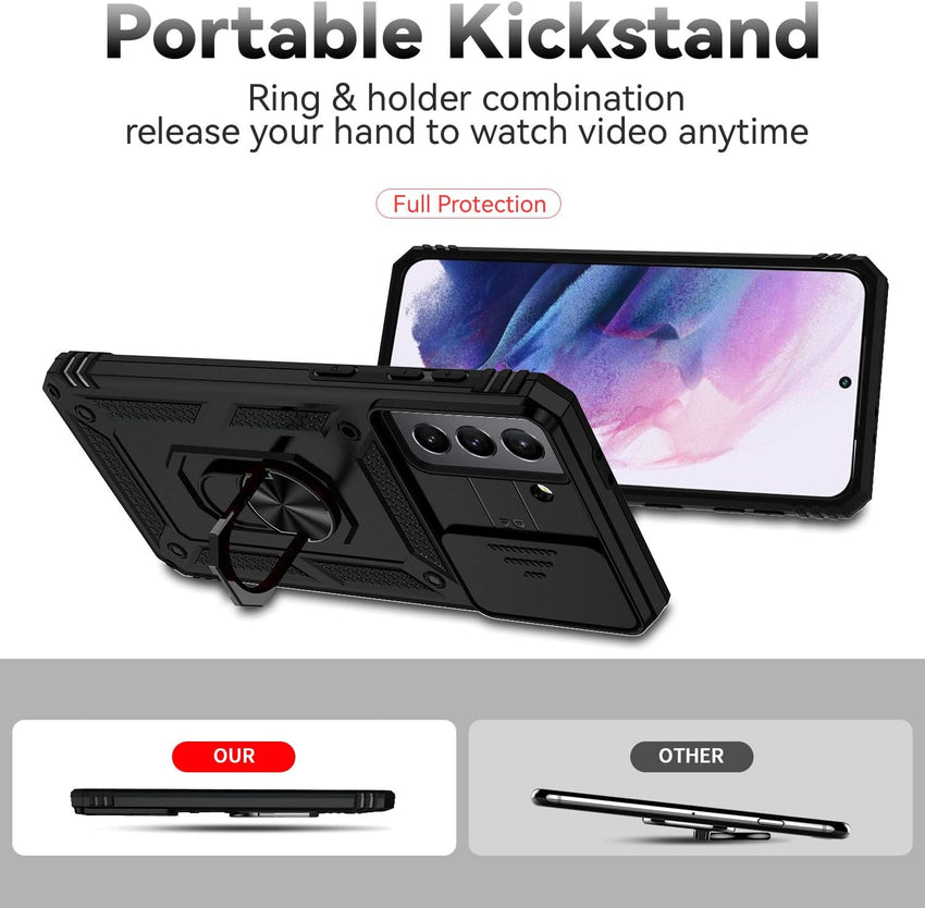 for Samsung Galaxy S21 Plus Case with Camera Lens Cover HD Screen Protector, Military-Grade Drop Tested Magnetic Ring Holder Kickstand Protective Phone Case for Samsung Galaxy S21+ Plus 5G (Black)