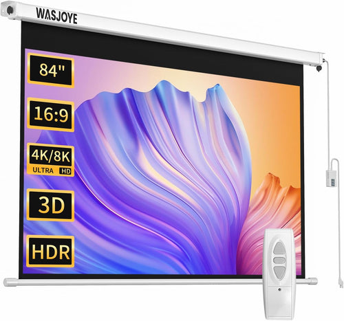 WASJOYE 84"Motorized Projector Screen Electric Diagonal Automatic Projection 16:9 8K HD Movies Screen for Home Theater Cinema Office Video Game Indoor W/Remote Control and Wall/Ceiling Mount