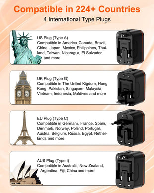 Universal Travel Adapter Worldwide with 2 USB C and 2 USB A Ports, International Travel Plug Adapter Worldwide USB Travel Adaptor All in One Universal Charger Power Adapter for European EU US UK AUS