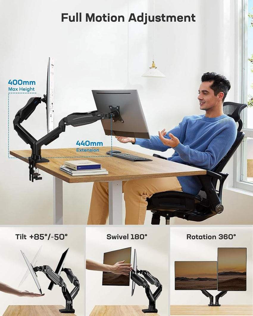HUANUO Dual Monitor Stand for 13 to 30 Inch Screens, Dual Monitor Arm Desk Mount for Curved Flat Screens, Double Monitor Arm Support VESA 75/100 mm