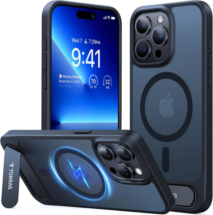 TORRAS [Invisible Titanium Stand for iPhone 15 Case [12FT Military Shockproof ] [TOP N56 Magnets] [20W Fast Charging] Truly Completely Flat & Slim Case iPhone 15 Cover - Pstand Black