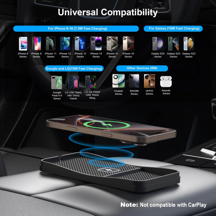 Wireless Car Charging Pad, Polmxs 15W Fast Wireless Car Charger Pad Non Slip Charging Mat 30cm Cable with 70cm Extension Cable Compatible with iPhone 17/16/15/14/13/12/11, Samsung, Google