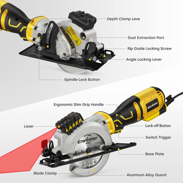 Enventor Mini Circular Saw, 705W 3500RPM Pure Copper Motor Compact Electric Circular Saw with Laser Guide, 6 Blades(115mm), Max Cutting Depth 42.8mm(90ÃÂ°), 28mm(45ÃÂ°) for Wood, Soft Metal, Tile, Plastic