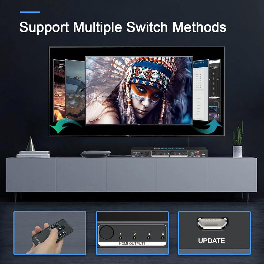HDMI Matrix 4 in 2 Out 4K 60Hz 4:4:4 ARC HDR D-olby Vision Atmos SPDIF 5.1CH Breakout 3.5mm Stereo HDCP2.2- PC Console 16 EDID HDMI Scaler 4K 1080P Sync, HDCP2.2 HDMI2.0 Matrix 4x2 IR Remote