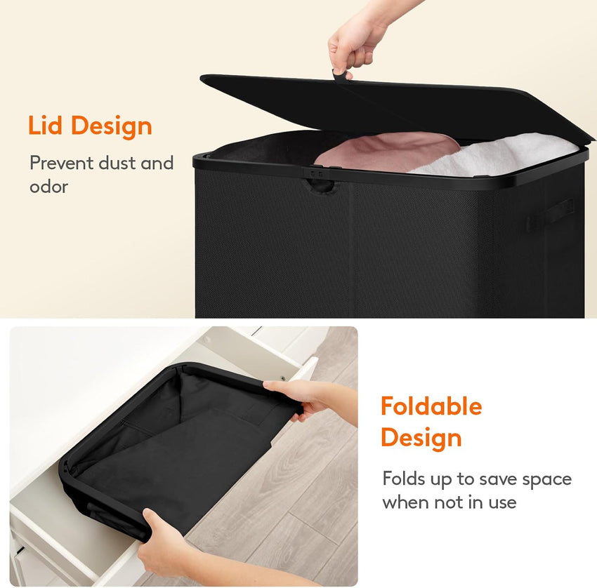 150L Laundry Basket with Lid 3-Section Foldable Dirty Clothes Organiser Black