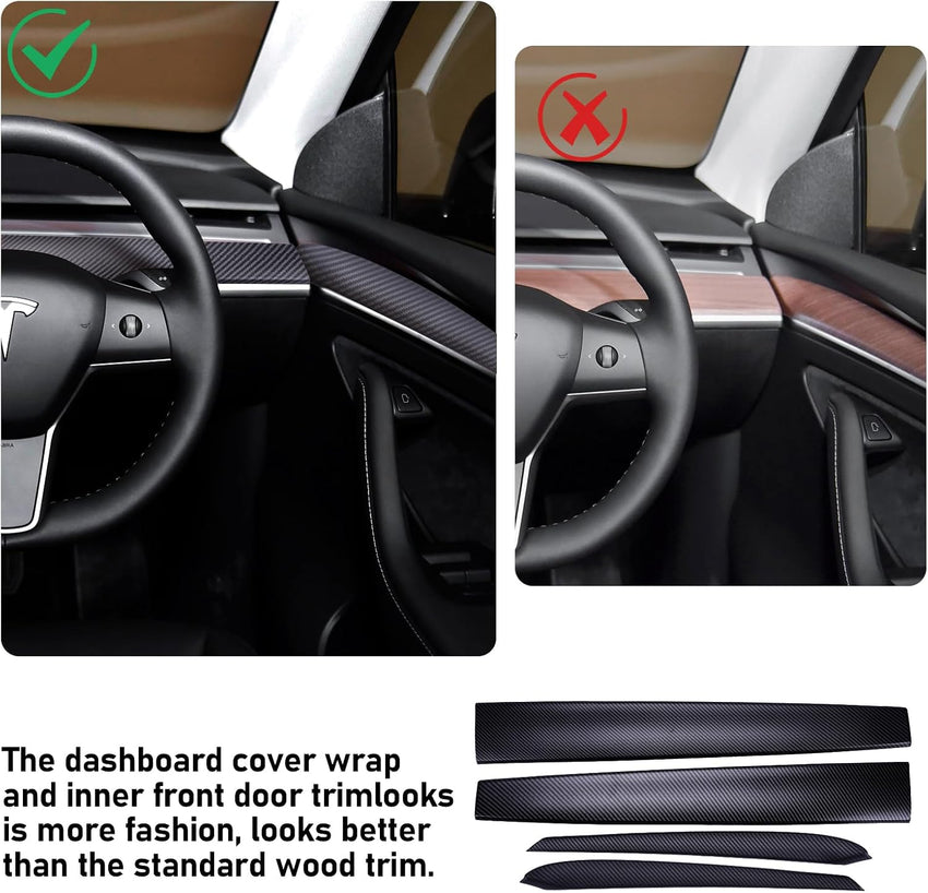 awagas 4 Pcs [Right Drive] ABS Tesla Model 3 Y Dashboard Cover Wrap and Inner Front Door Trim Panel Armrest Cover, Car Interior Dashboard Cover Accessories Fit Tesla Model 3/y 2019-2023