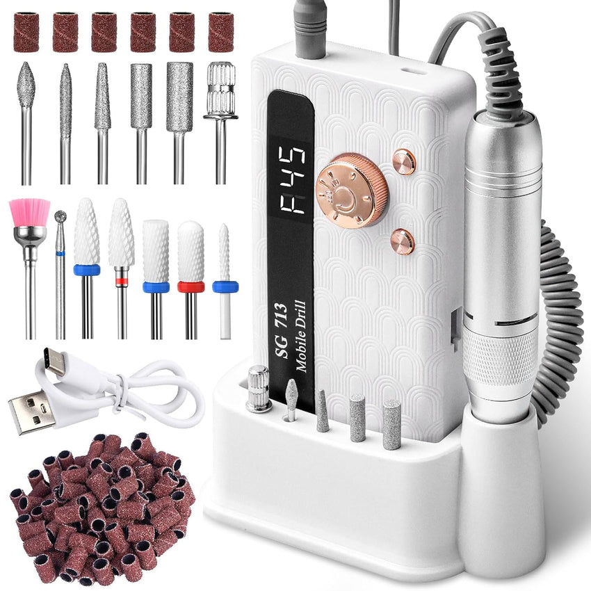 Professional Electric Nail Drill 45,000RPM Portable with 13 Bits 56 Bands LED Screen â White