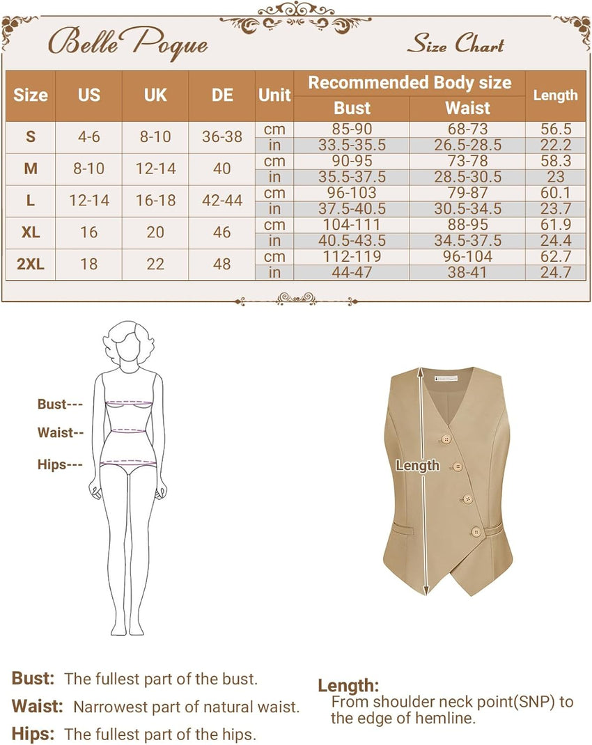 Belle Poque Womens Waistcoat with Pockets Sleeveless Deep V-Neck Work Office Vest Navy Blue S