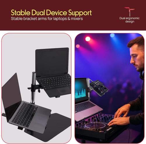 Portable Dual Laptop Stand with Clamp-On Shelf, Adjustable Height, Ergonomic Desk Attachment for Charging Station, Treadmill Use, Keyboard Extender, Workstation, and Gaming Setup
