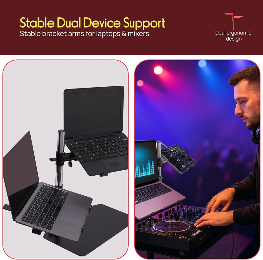Portable Dual Laptop Stand with Clamp-On Shelf, Adjustable Height, Ergonomic Desk Attachment for Charging Station, Treadmill Use, Keyboard Extender, Workstation, and Gaming Setup