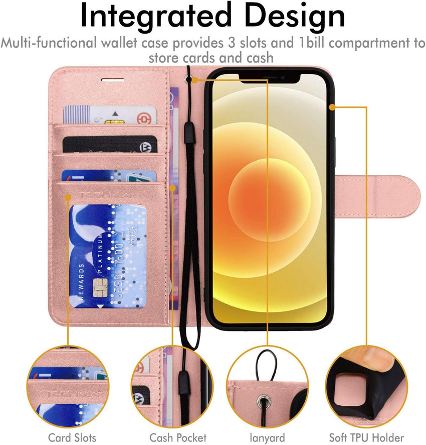 TECHGEAR iPhone 12 Pro Leather Wallet Case, Flip Protective Case Cover with Wallet Card Holder, Stand & Wrist Strap - Rose Gold PU Leather with Magnetic Closure for iPhone 12/12 Pro 6.1"